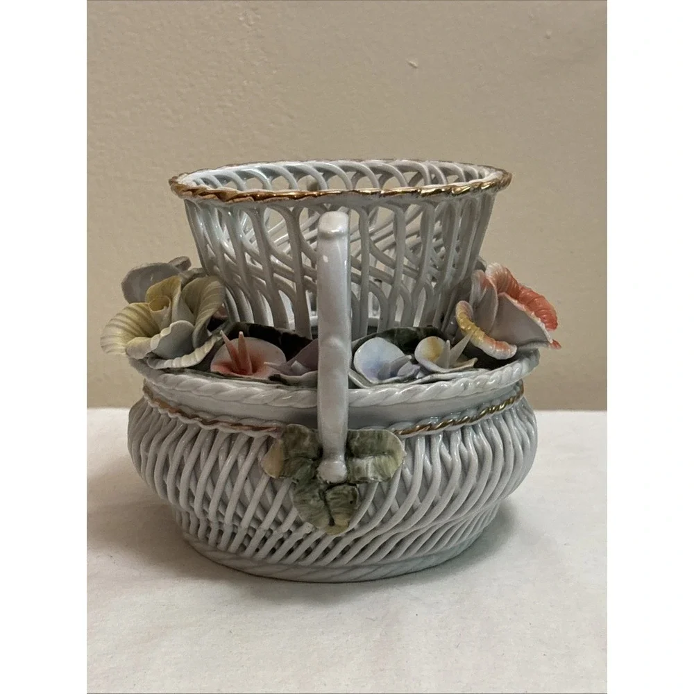 Vintage Porfin Cluj Napoca Reticulated Porcelain Basket Vase Romania Iris Flower